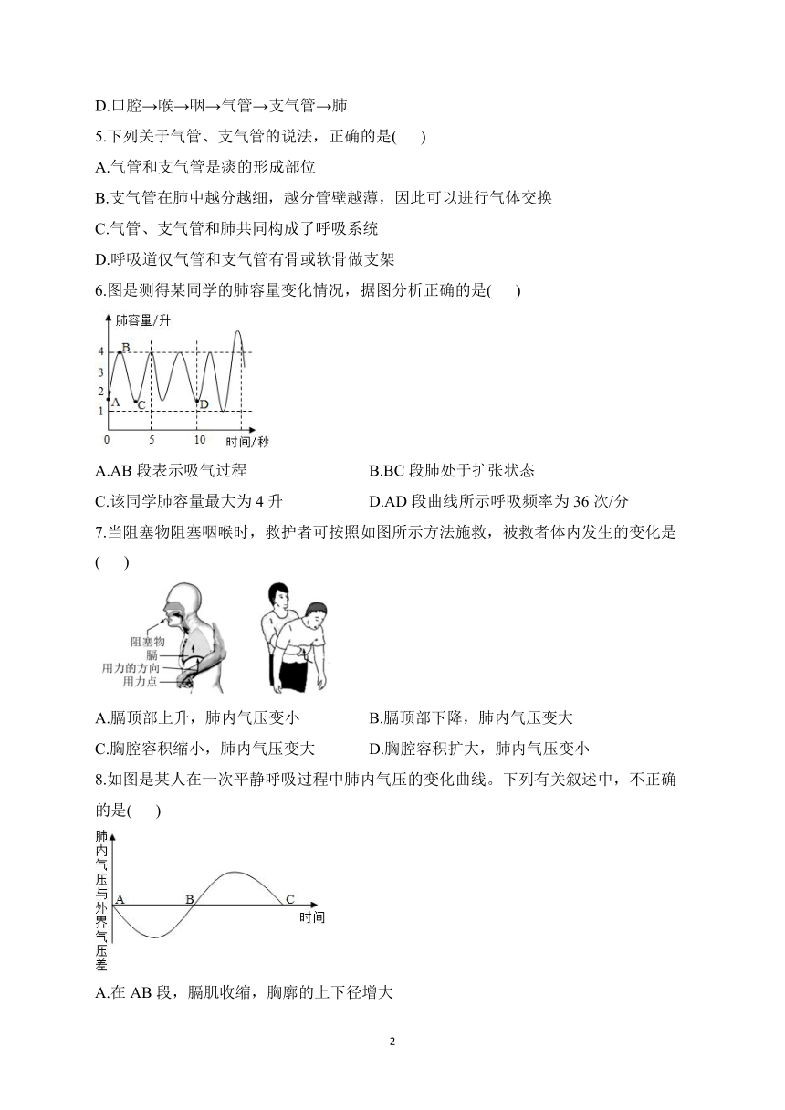 2023届人教版中考生物高频考点专项练习：专题九 考点22 人体的呼吸（A卷）（含解析）