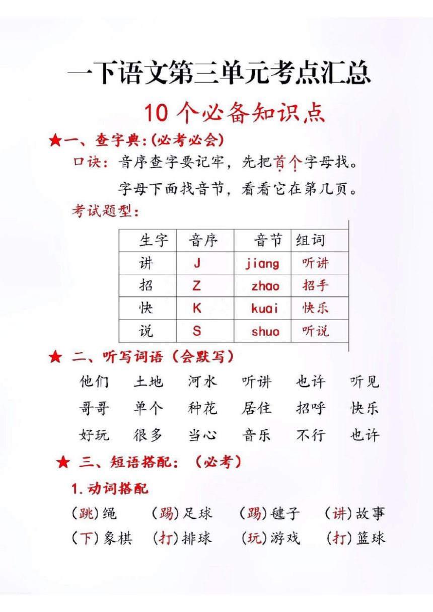 统编版语文一年级下册第三单元10个必备知识点 素材