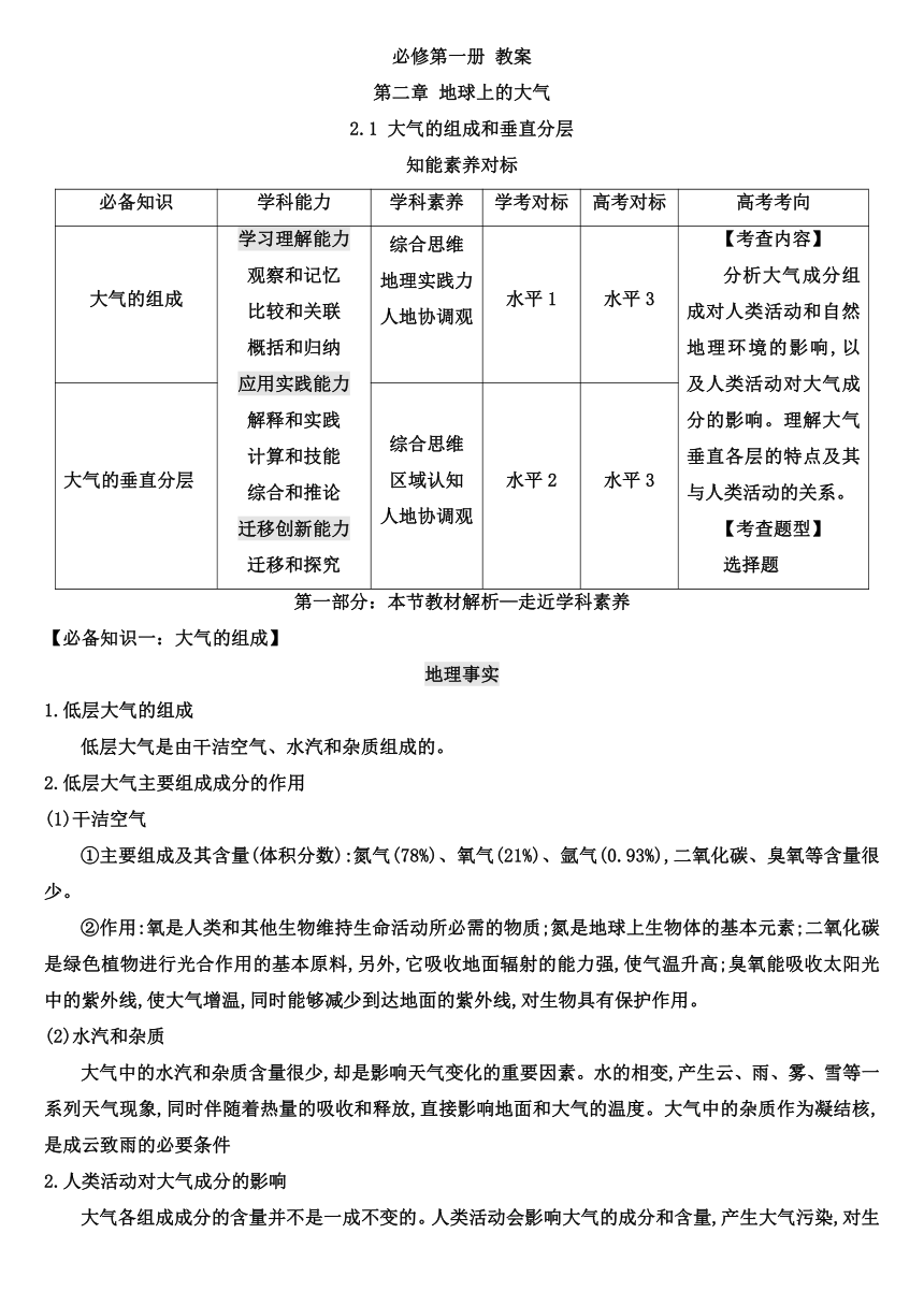 【核心素养目标】2.1 大气的组成和垂直分层教案