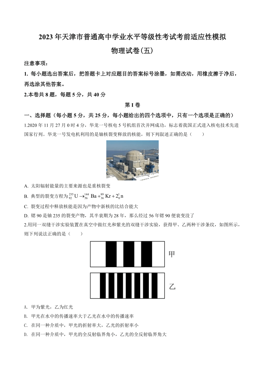 2023届天津市普通高中学业水平等级性考试考前适应性模拟物理试卷(五)（5月）（Word版含答案）