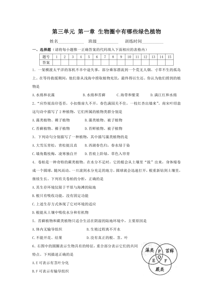 第三单元 第一章 生物圈中有哪些绿色植物练习题（word版含答案）