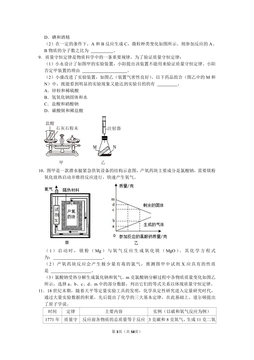 质量守恒定律中考真题、模拟题（含解析）