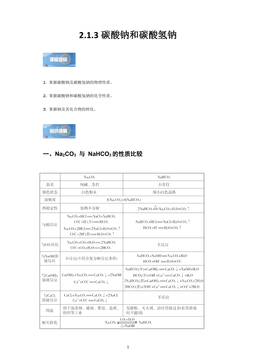 2.1.3碳酸钠和碳酸氢钠性质及计算  学案(含解析)   高中化学人教版（2019）必修 第一册