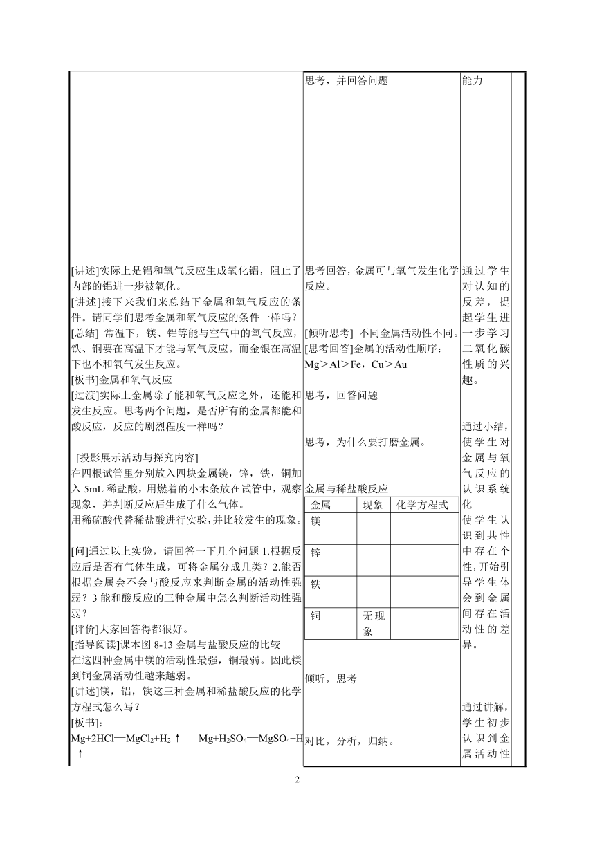 人教版（五四学制）化学九年级全册 第一单元  课题2   金属的化学性质(第2课时)  教案(表格式)