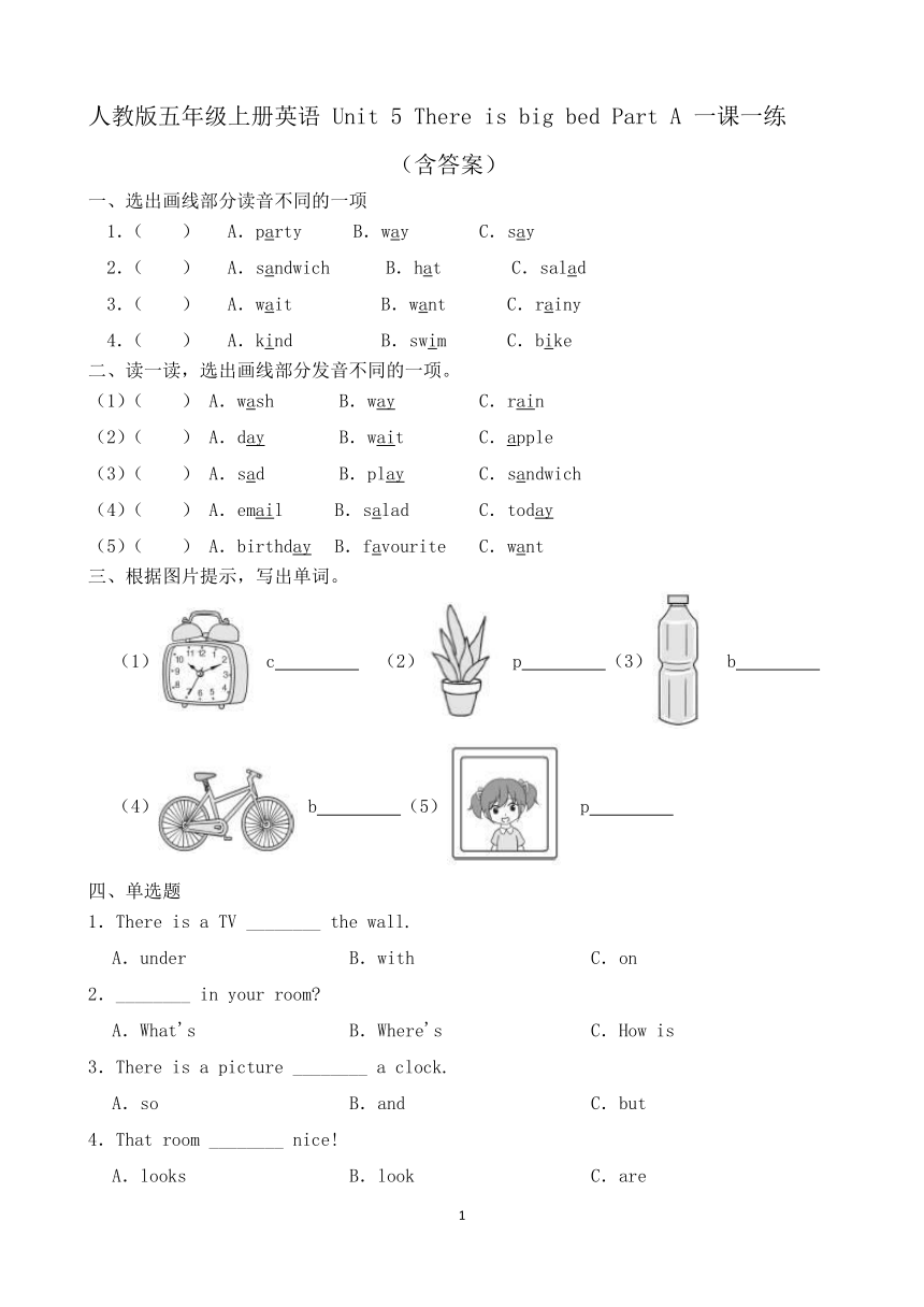 Unit 5 There is big bed Part A 一课一练（含答案）