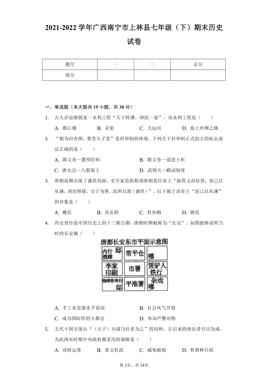 2021-2022学年广西南宁市上林县七年级（下）期末历史试卷（含解析）