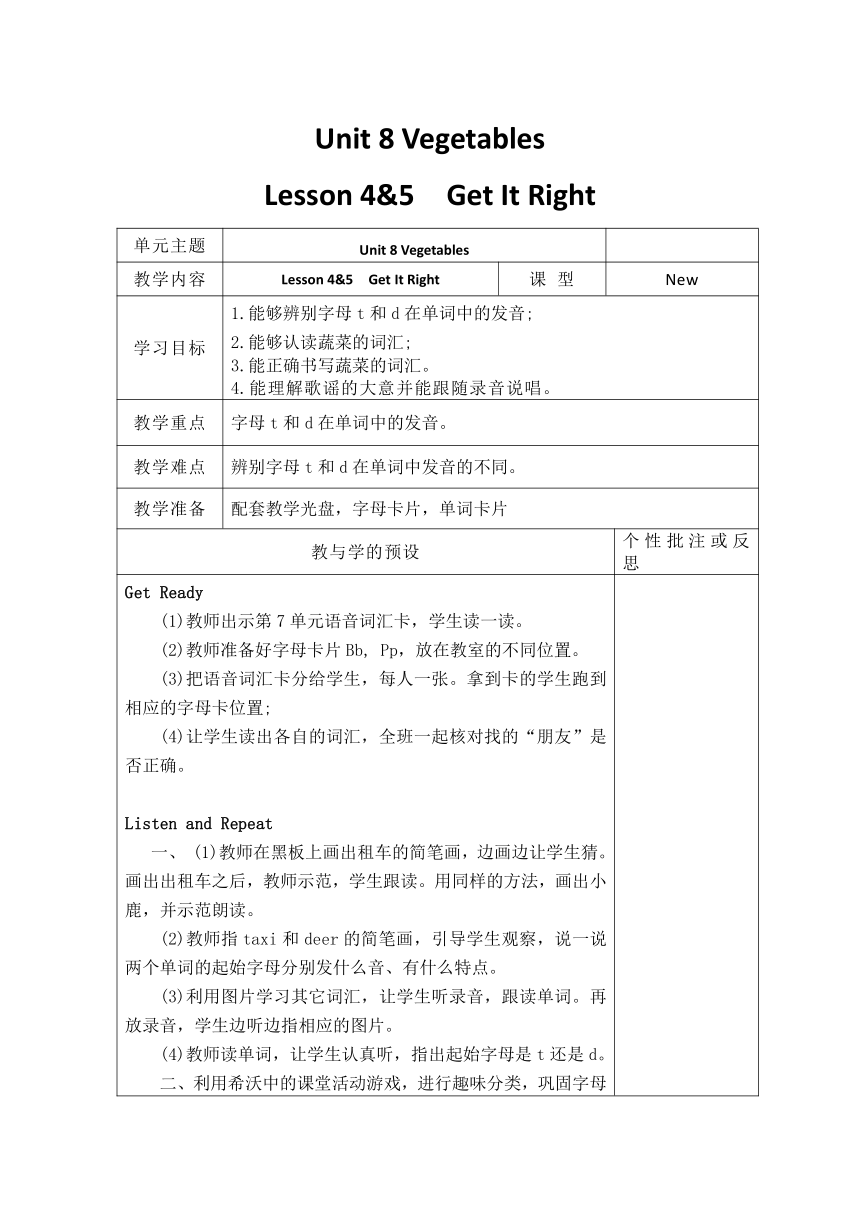 Unit8 Vegetables lesson4、5表格式教案