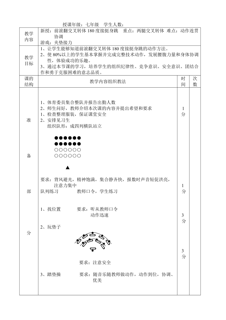 第七章  体操——前滚翻交叉转体180度接挺身跳  教案 2021—2022学年人教版七年级体育与健康全一册