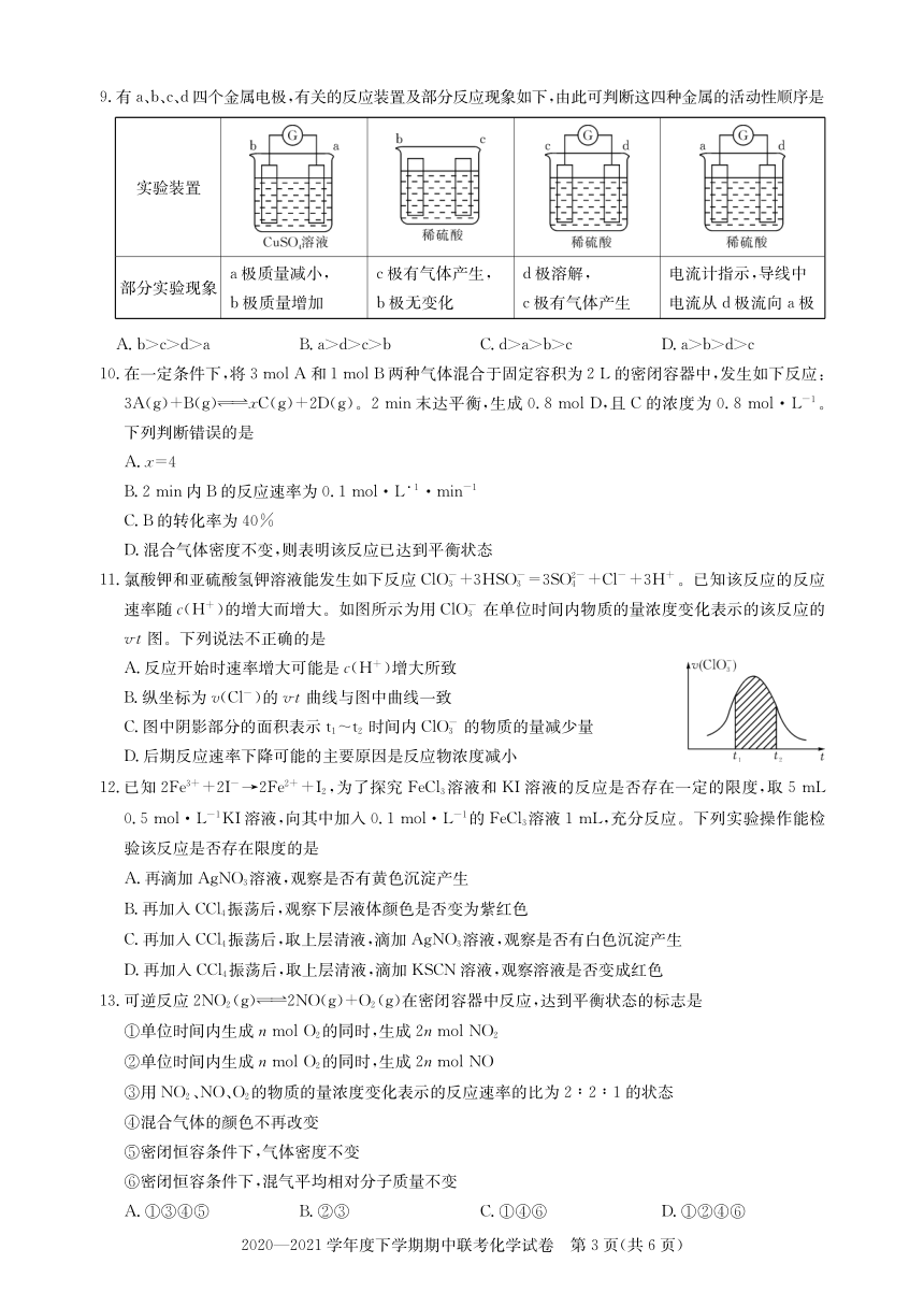 湖北省武汉市部分重点中学2020-2021学年高一下学期期中联考化学试题 PDF版含答案