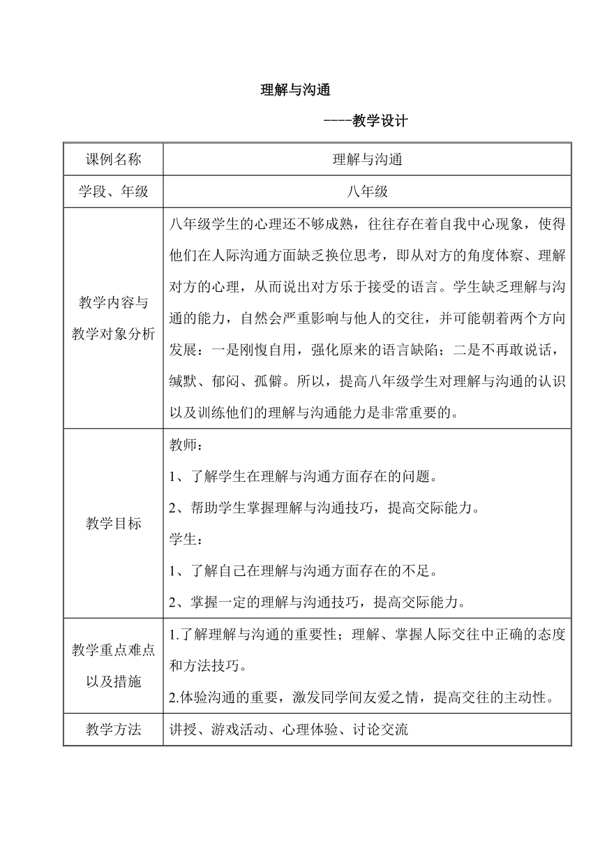 通用版心理健康八年级 理解与沟通 教案