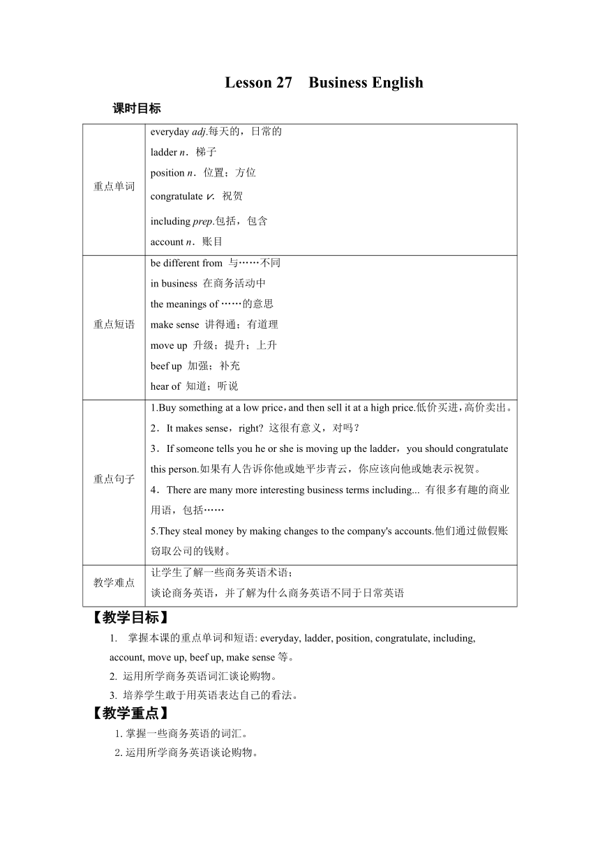 冀教版八年级下册英语Lesson 27  Business  English 教案（表格式）