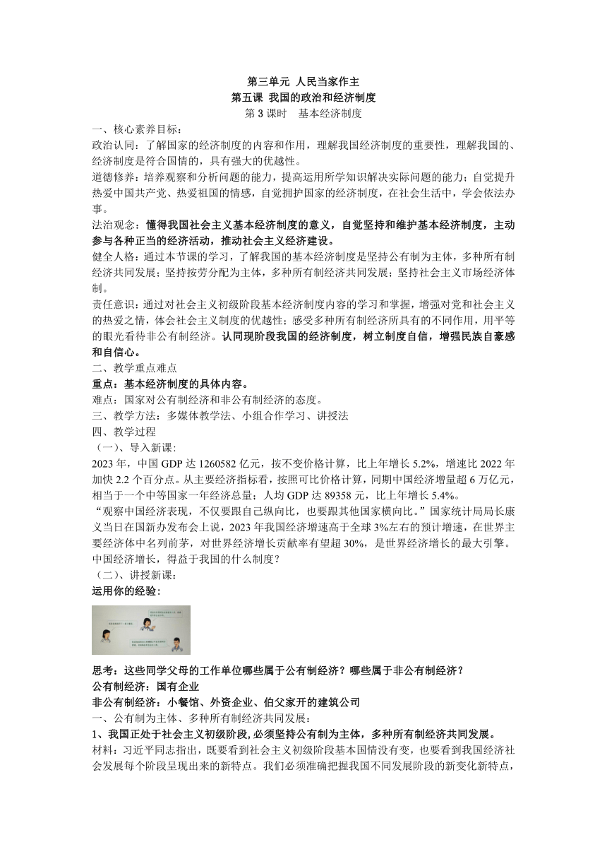 【核心素养目标】5.3 基本经济制度 教案-2023-2024学年统编版道德与法治八年级下册