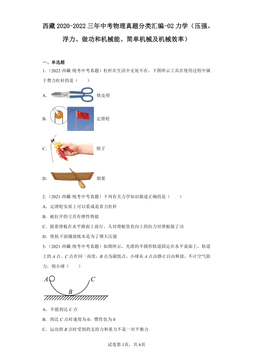 西藏2020-2022三年中考物理真题分类汇编-02力学（压强、浮力、做功和机械能、简单机械及机械效)(含解析)
