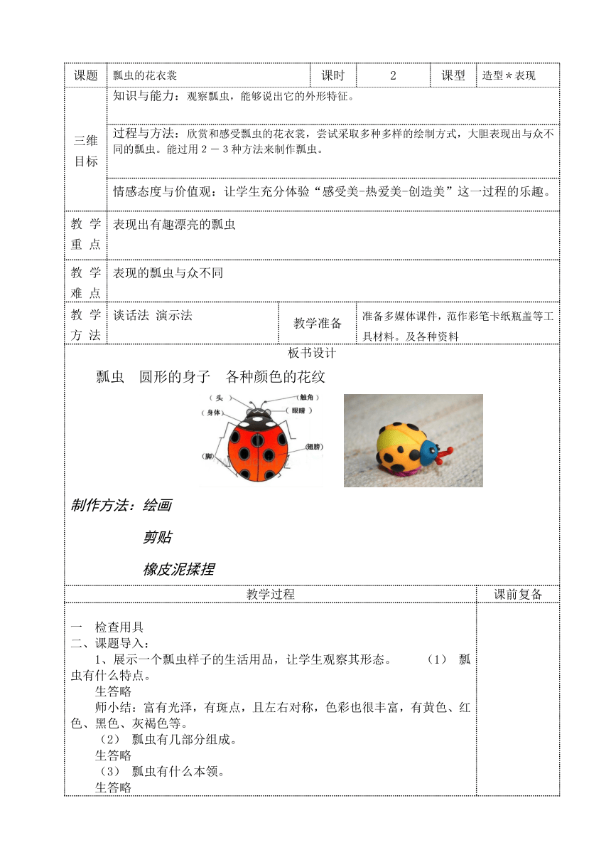 人教版小学一年级美术下册 第8课　瓢虫的花衣裳 教案（表格式）