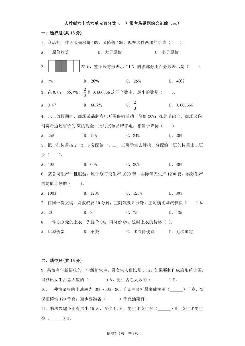 人教版小学数学六年级上册6.《百分数（一）》 常考易错题综合汇编（三）单元测试（有答案）