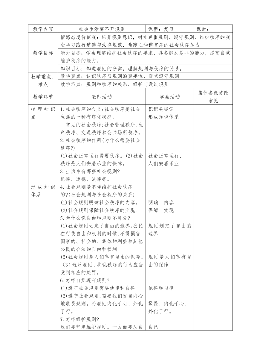 第三课 社会生活离不开规则 复习教案