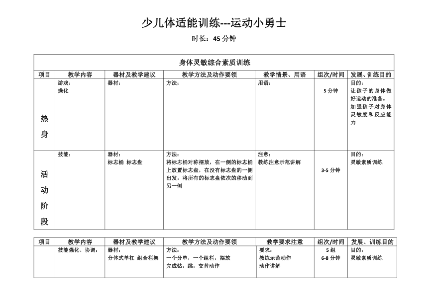 小学中年级课后服务 ：少儿体适能训练 运动小勇士教案9.3（表格式）