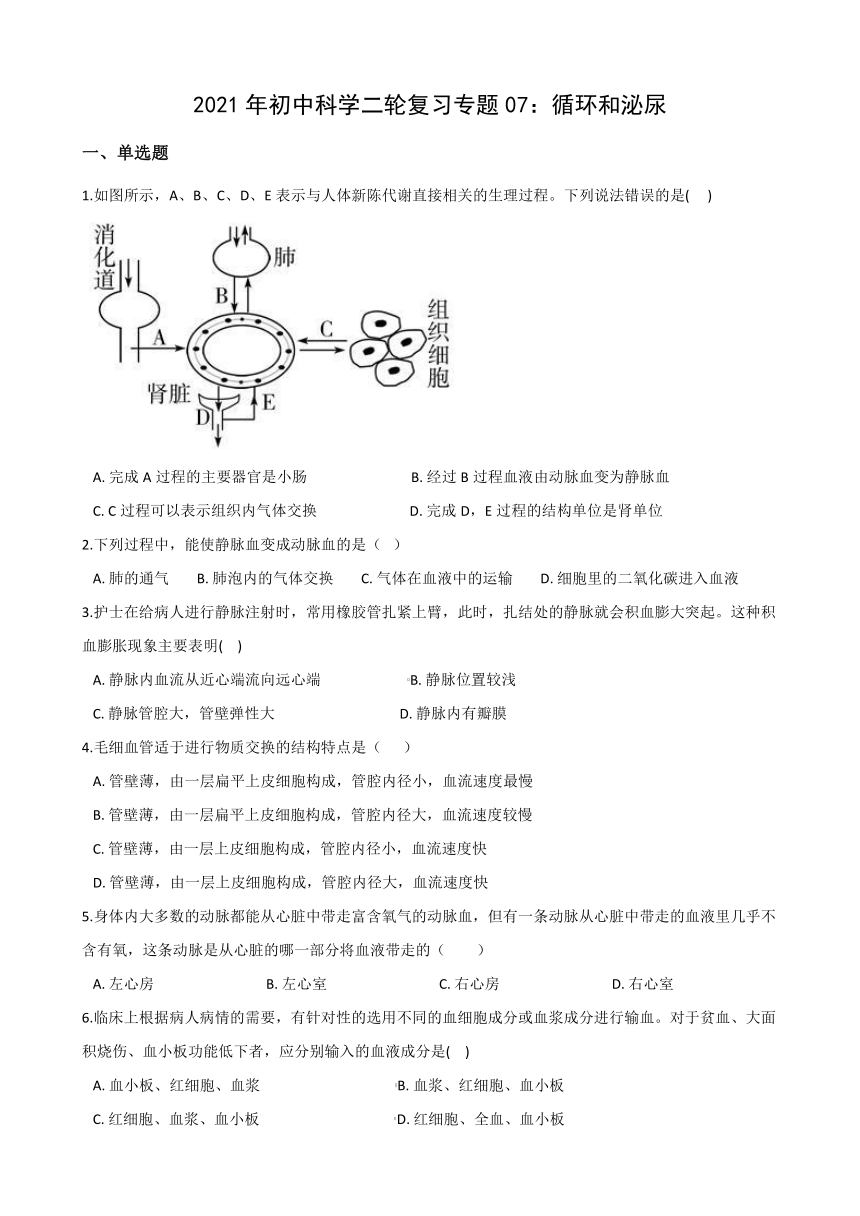 2021年初中（浙教版）科学二轮复习专题07：循环和泌尿 (含解析)