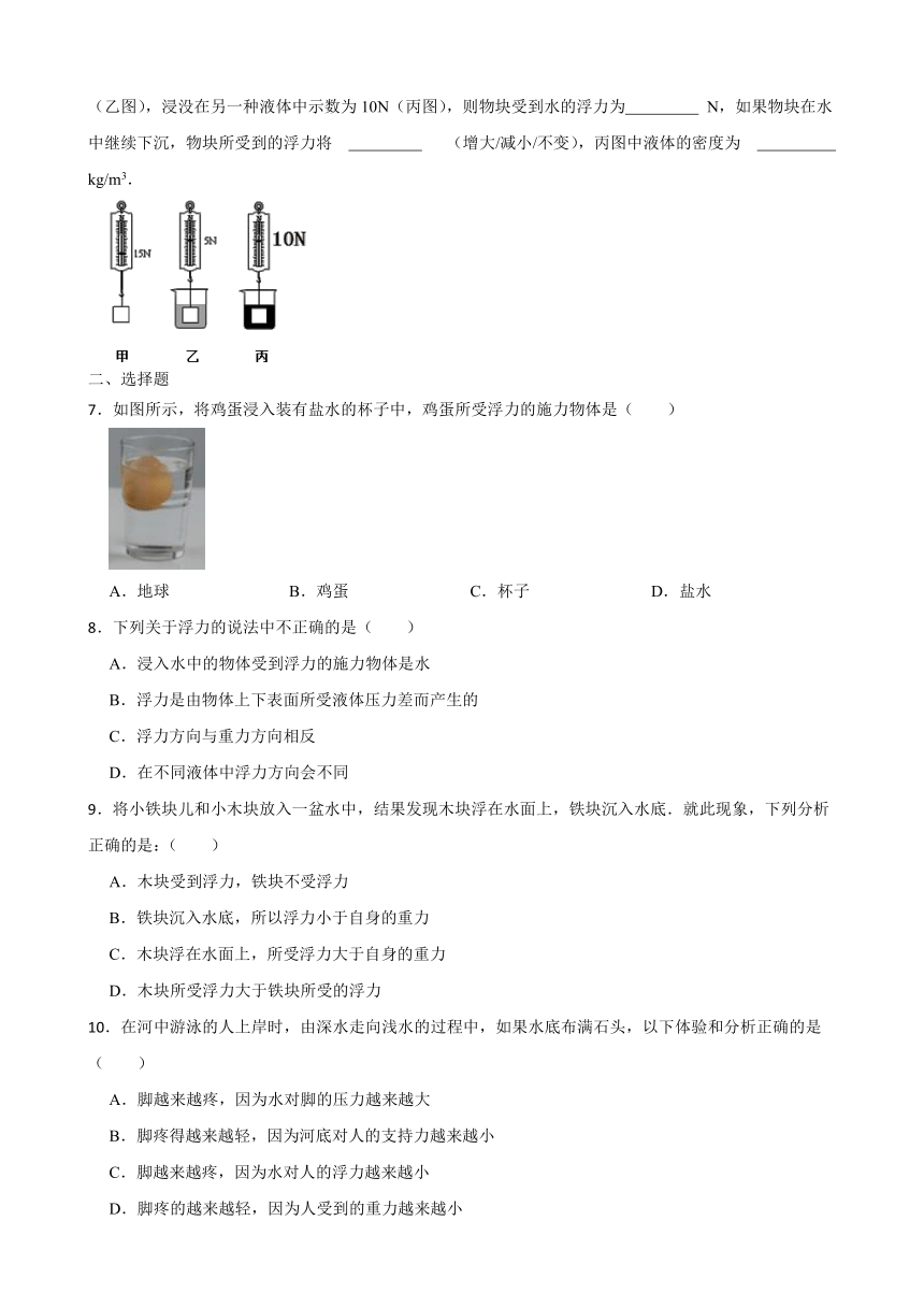 人教版八年级物理下册10.1浮力课堂练习  含答案