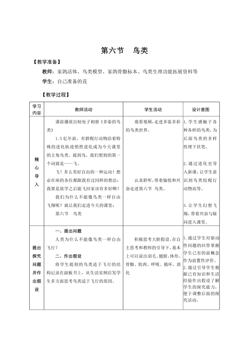 鲁科版（五四学制）生物八年级上册 7.1.6 鸟类 教案（表格式）