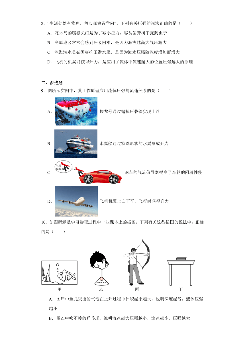 8.7飞机为什么能上天同步作业（含解析）2023-2024学年北师版物理八年级下册