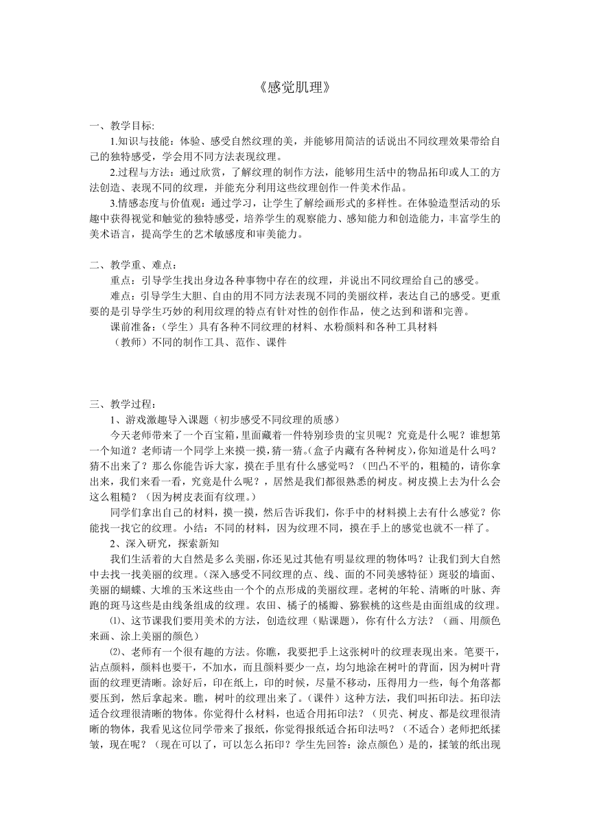 美术  辽海版  四年级上 5 感觉肌理  教案