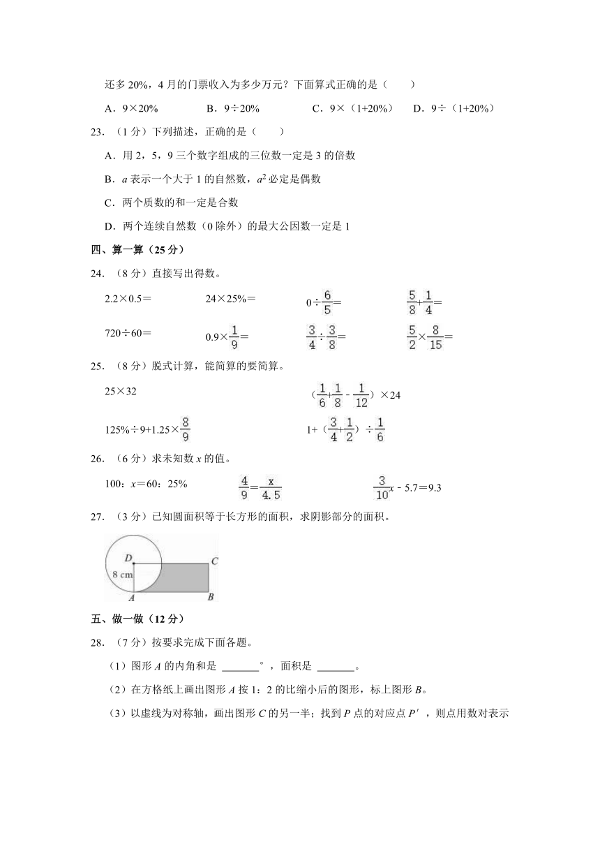 2022年陕西省安康市紫阳县小升初数学试卷（a卷）（含答案）