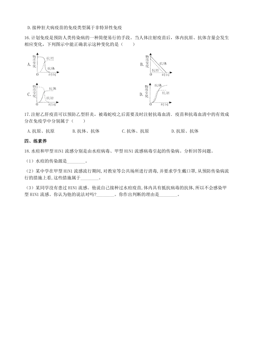 济南版生物七年级下册 3.6.1人体的免疫功能 练习（word版含解析）