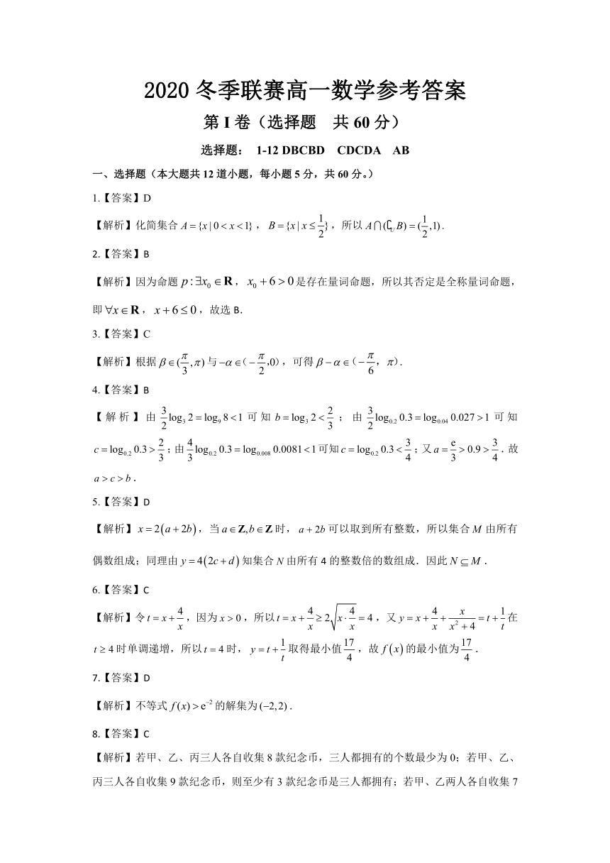 安徽省示范高中培优联盟2020-2021学年高一上学期冬季联赛数学试题 PDF版含答案解析