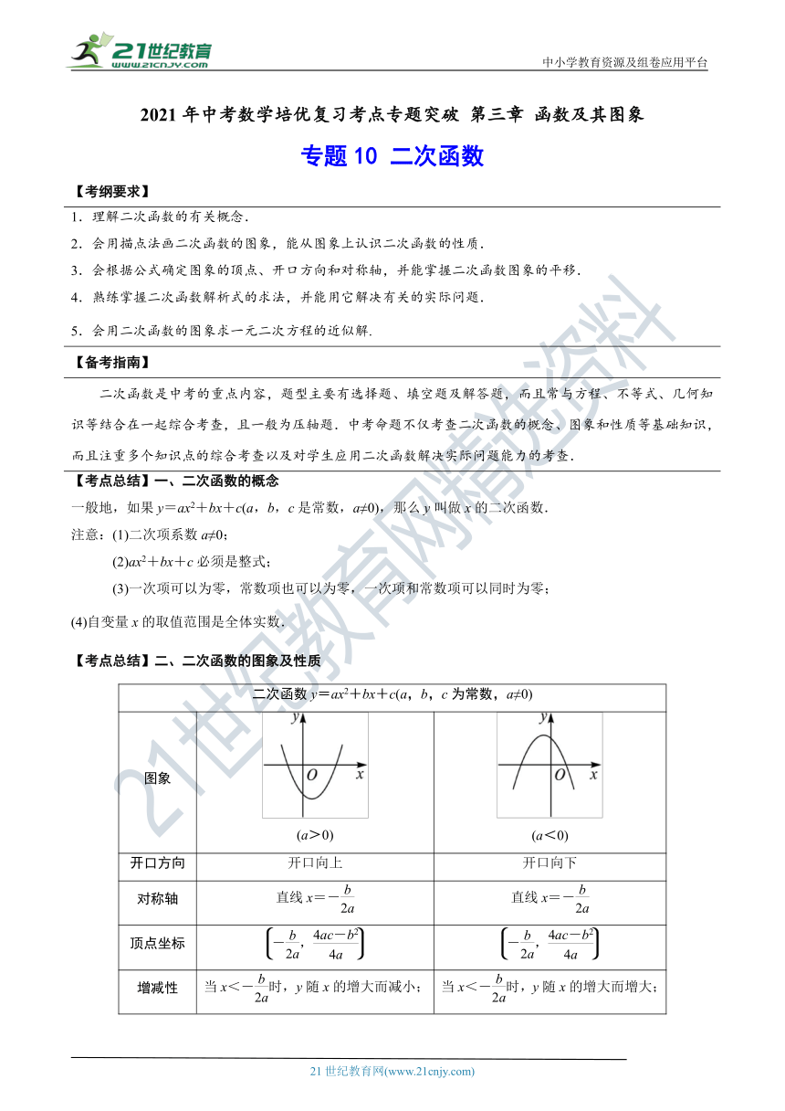 【中考数学培优复习考点专题突破】专题10 二次函数(考点讲解)（含解析）