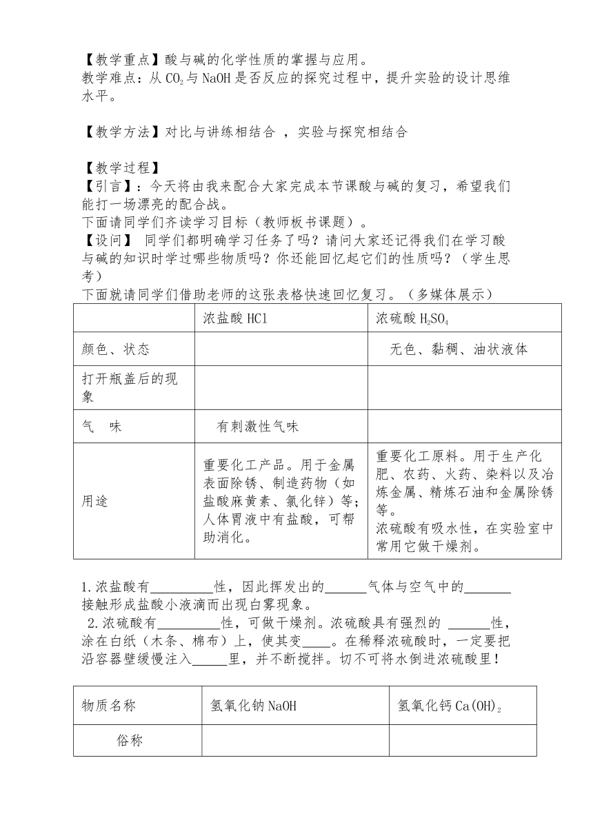 北京版初中化学九年级下册 第十一章 酸与碱 复习教案