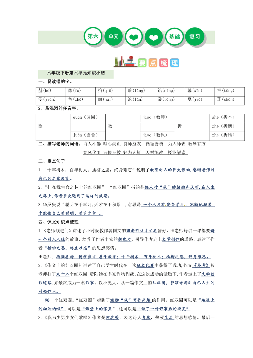 2022-2023学年六年级语文下册单元复习第六单元（讲义+检测）（含答案）