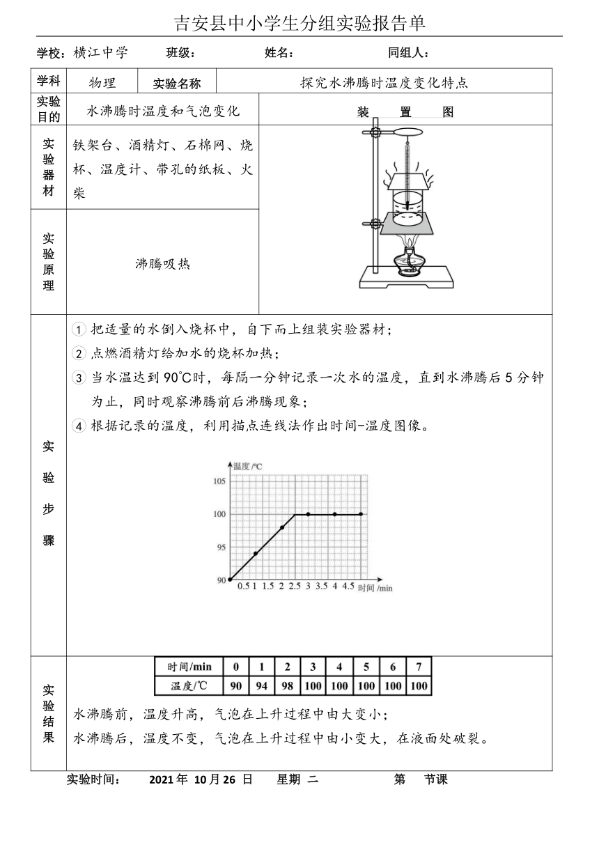 人教版八年级上册物理实验报告（表格式）