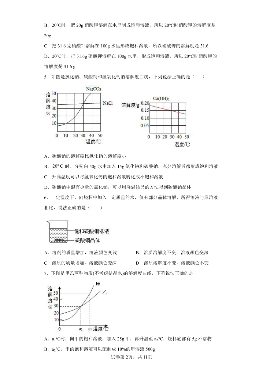 7.2物质溶解的量同步练习 -2021-2022学年九年级化学科粤版（2012）下册(word版 含答案）