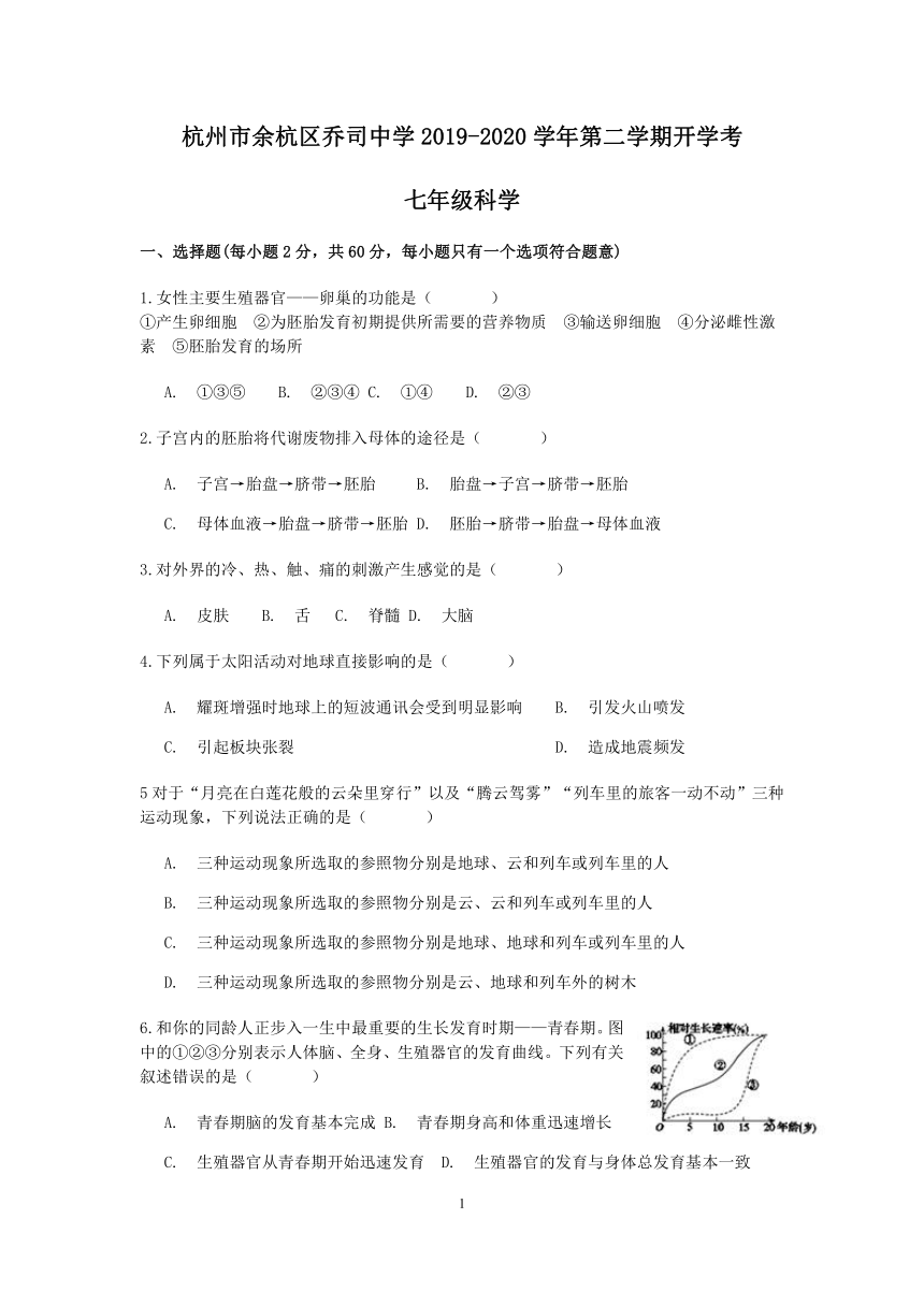 浙江省杭州市余杭区乔司中学2019-2020学年第二学期七年级科学开学考（word，含答案）