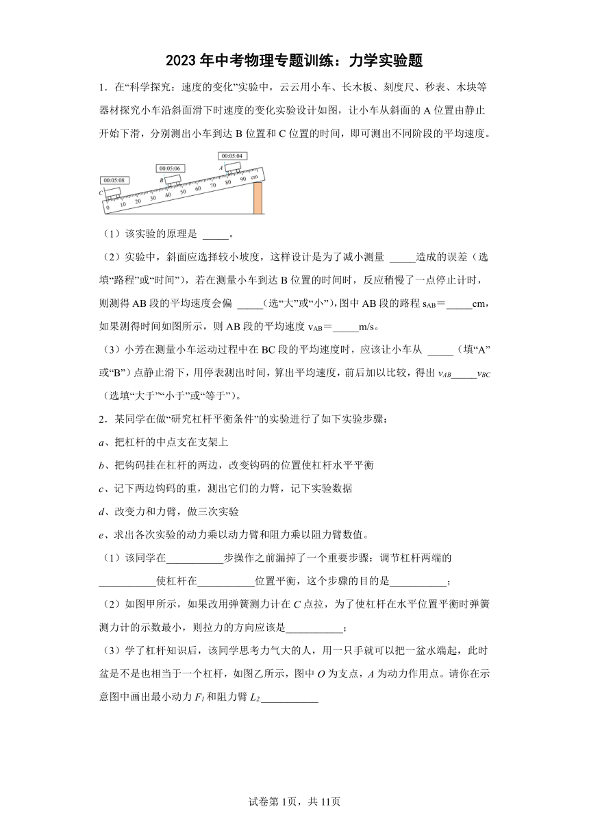 2023年中考物理专题训练：力学实验题（含答案）