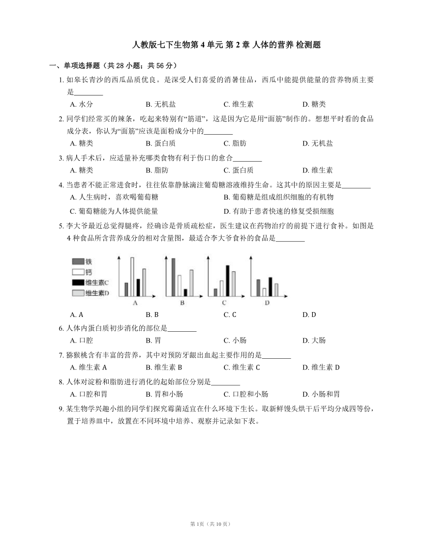 人教版七下生物第4单元 第2章 人体的营养 检测题（word版含部分解析）