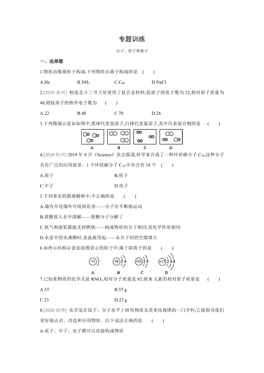 沪教版（全国）化学九年级上册课课练：专题训练  分子、原子和离子（word版  有答案）