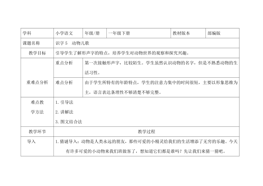 5 动物儿歌   （表格式教案）