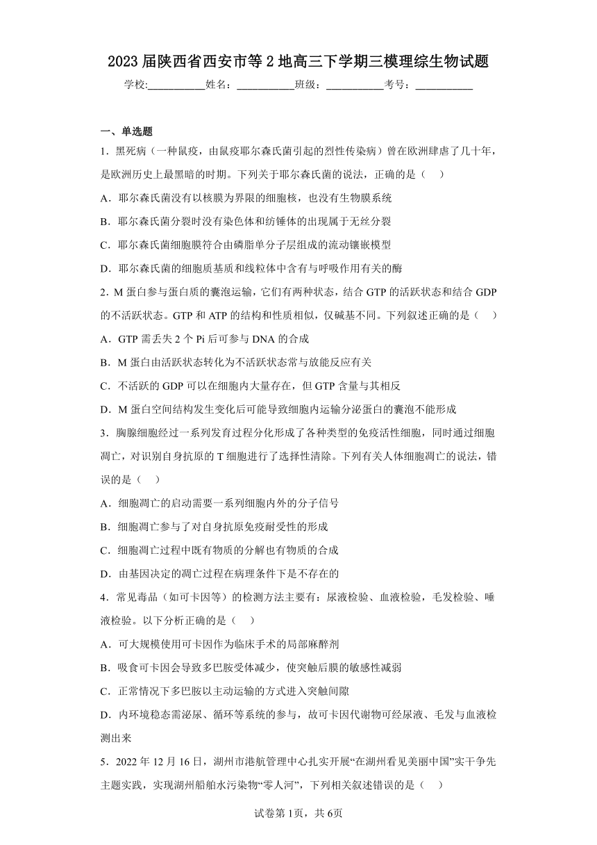 2023届陕西省西安市等2地高三下学期三模理综生物试题（含解析）