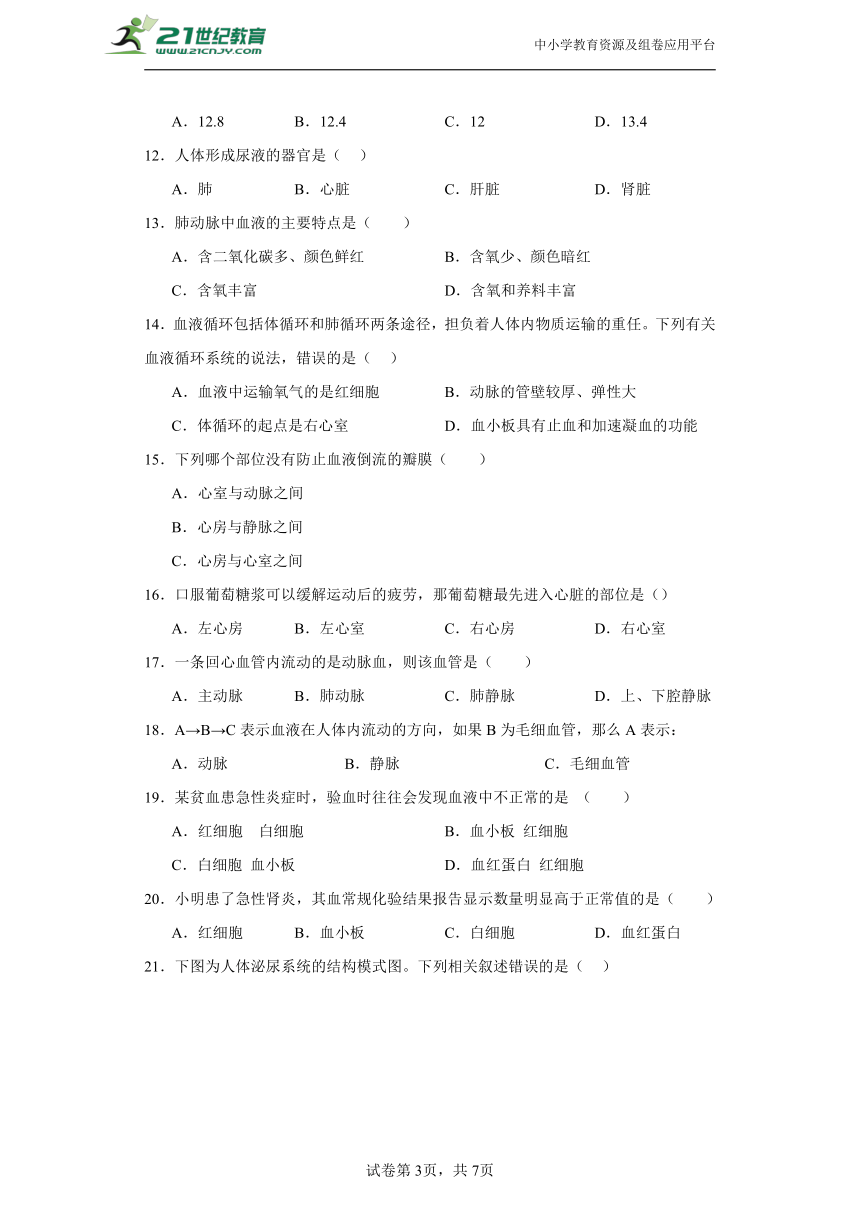 冀少版生物七年级下---期中试卷（含答案）