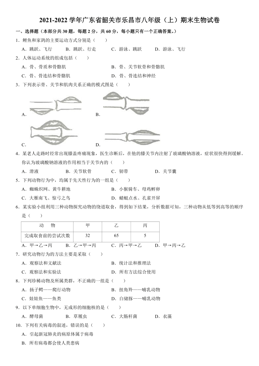 广东省韶关市乐昌市2021-2022学年上学期期末质量抽测八年级生物试卷（word版 含解析）