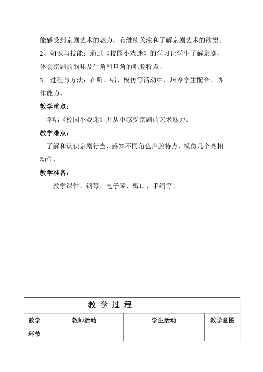 人音版（五线谱） (北京） 六年级上册音乐  第四单元 校园小戏迷｜教案（表格式）