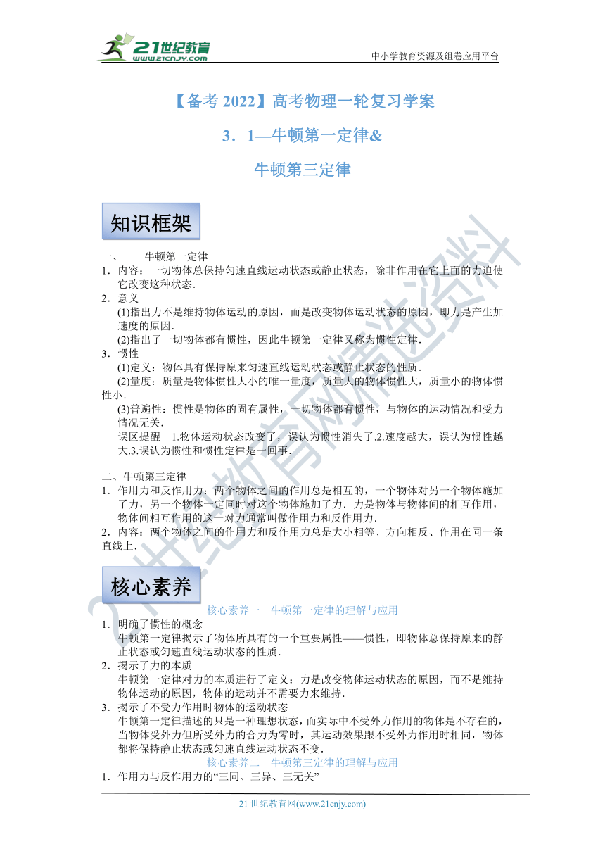 【备考2022】高考物理一轮复习学案  3.1牛顿第一定律 牛顿第三定律 有解析