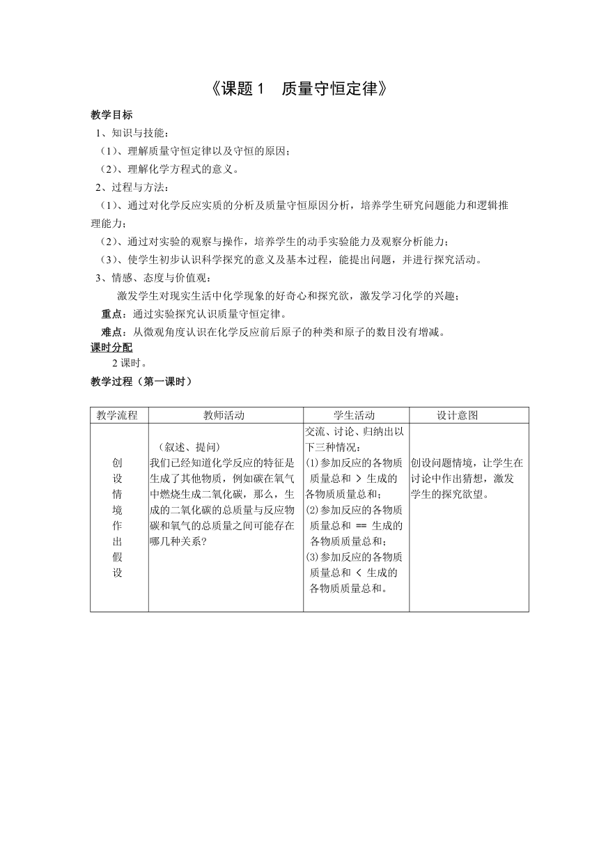 人教版（五四学制）化学八年级全册 第五单元  课题1   质量守恒定律  教案（表格式）