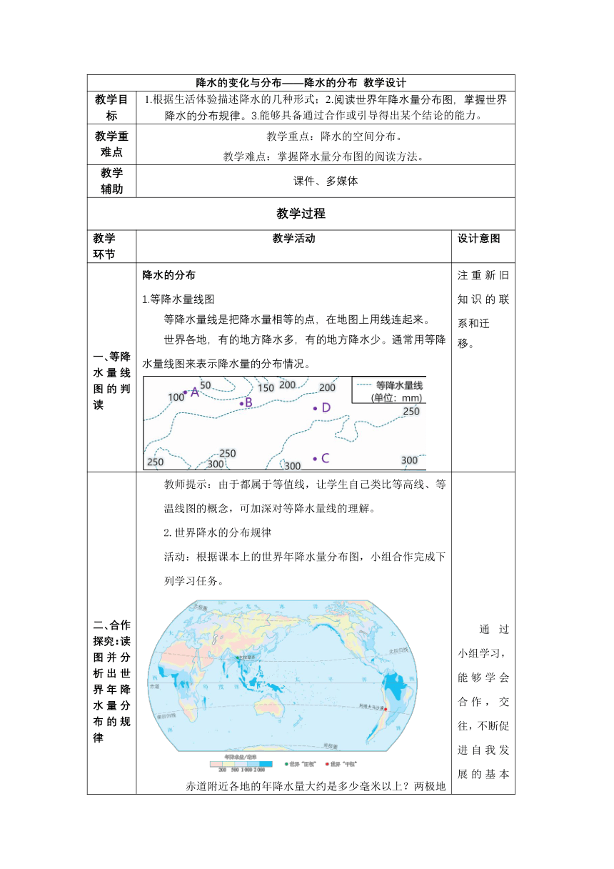 3.3 降水的变化与分布——降水的分布 教学设计（表格式）2022-2023学年七年级地理上学期人教版