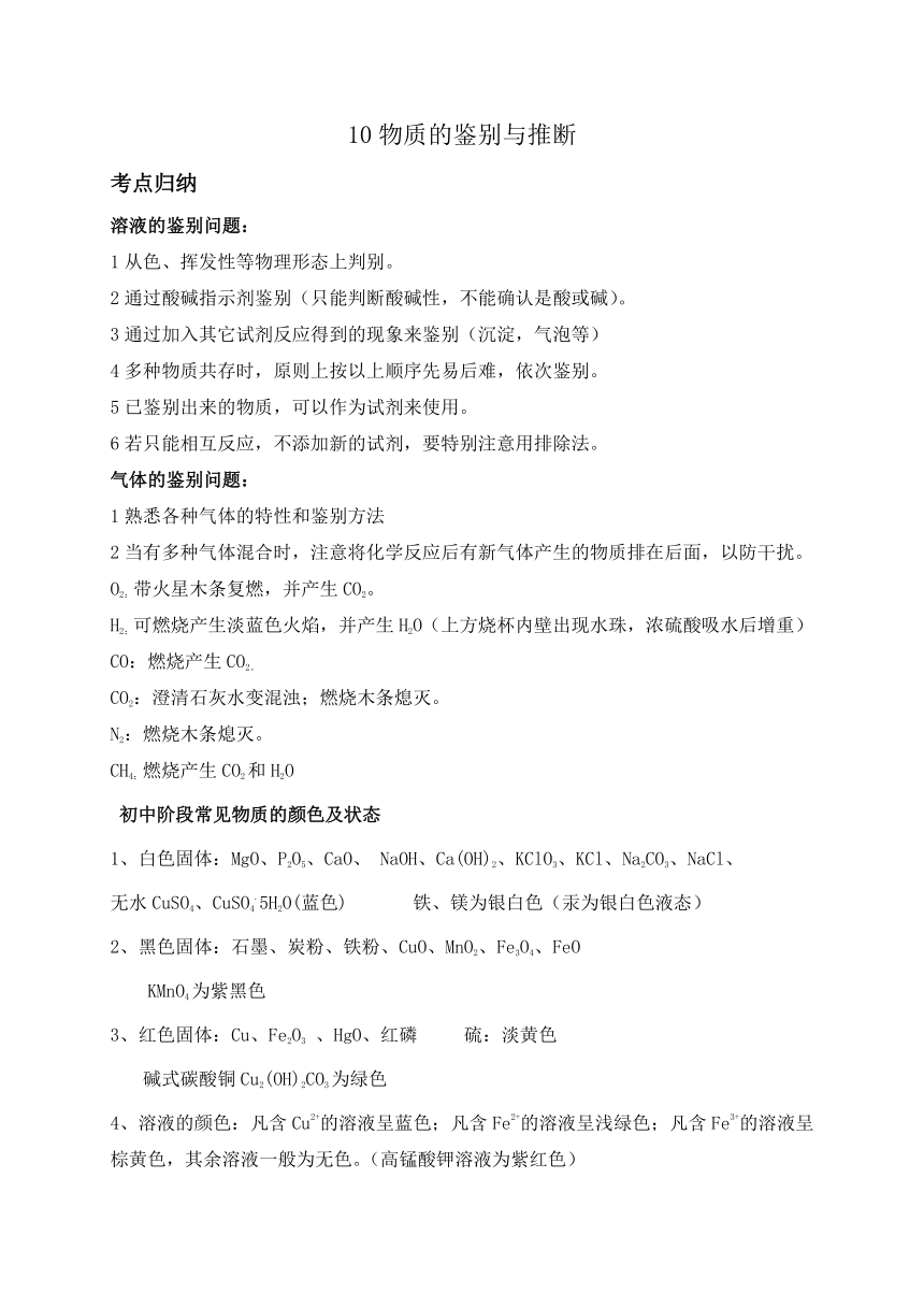 2021年中考科学华东师大版二轮复习 专题10 物质的鉴别与推断 知识归纳