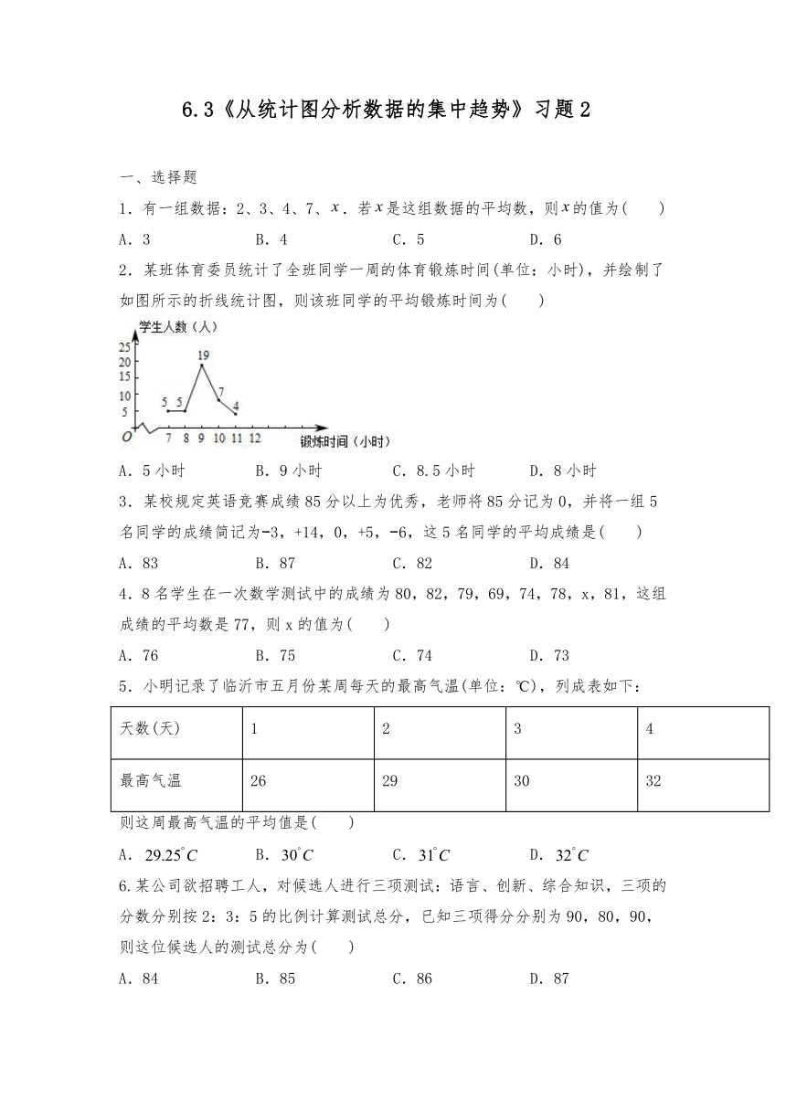 北师大版八年级数学上册一课一练试题： 6.3《从统计图分析数据的集中趋势》习题2（Word版 含答案）