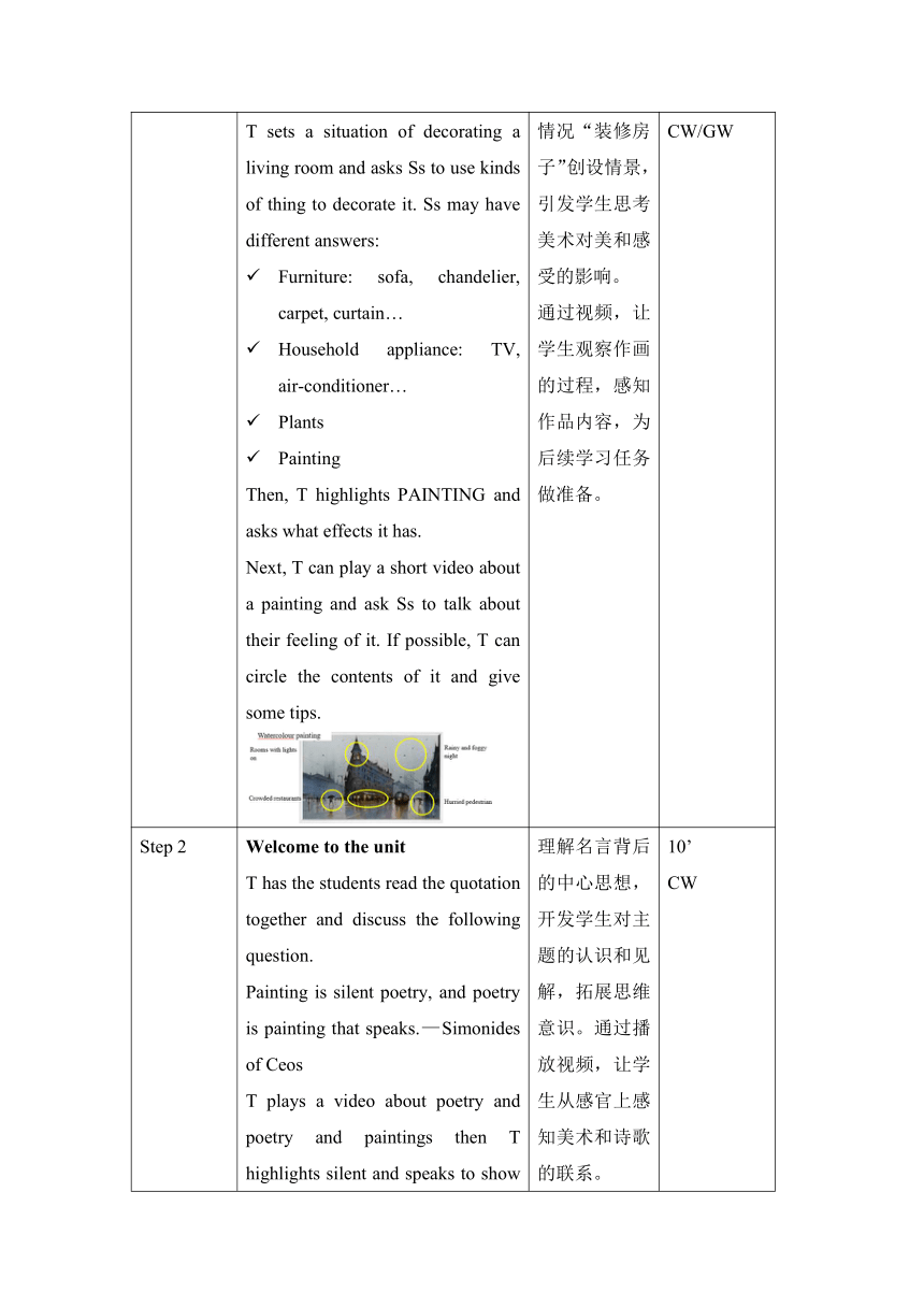 译林版（2019） 选择性必修第一册Unit3 The art of painting Welcome to the unit教案（表格式）