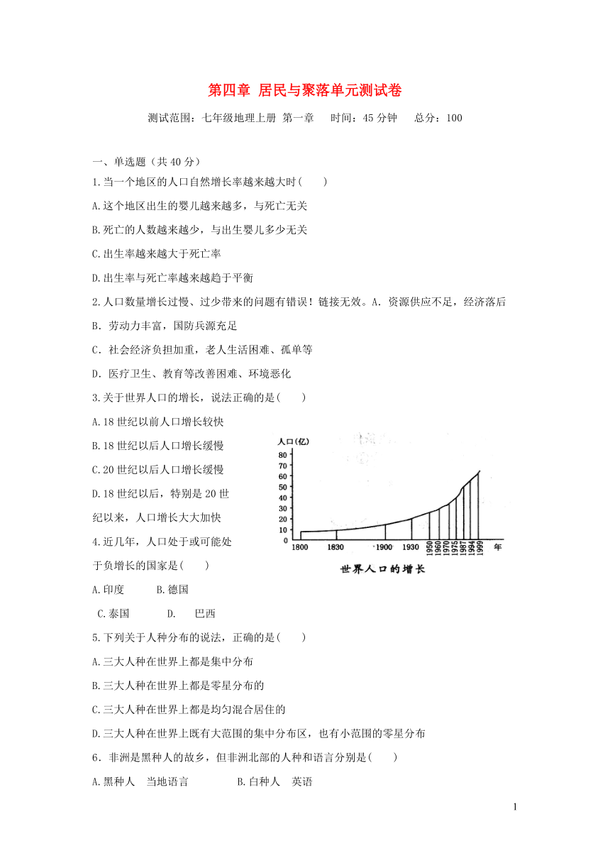 六年级地理上册第四章居民与聚落单元综合测试卷鲁教版五四制（含答案）